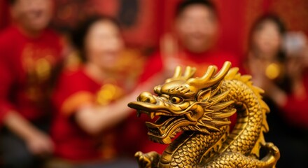 Golden dragon statue with celebrating people in red clothing background.