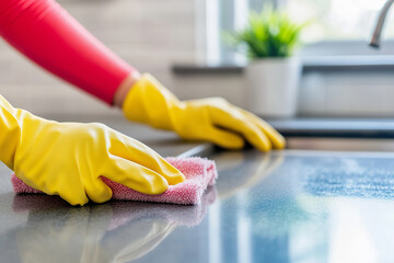 Person deep cleaning kitchen countertop with gloves and sponge, home setting