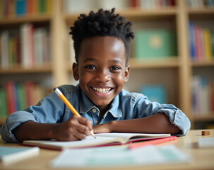 little black african boy smiling, writing with pencil in notebook on the desk, studying .