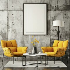 Two yellow armchairs. a coffee table and a floor lamp in front of a concrete wall with a large blank poster frame