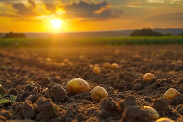 potatoes, harvested, fresh, farm, farming, and shallow depth of field at beautiful sunset on freshly harvested potatoes, Generative AI.