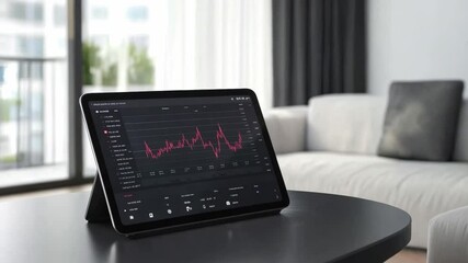 Poster - Modern tablet displaying health data analytics in a bright living room setting during the day