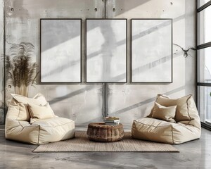 Modern living room interior with three blank frames. two bean bag chairs and wooden coffee table