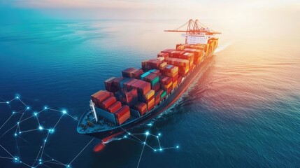 Container ship at sea with digital network links, digital trade network connection concept, global shipping industry, Beautiful Network 