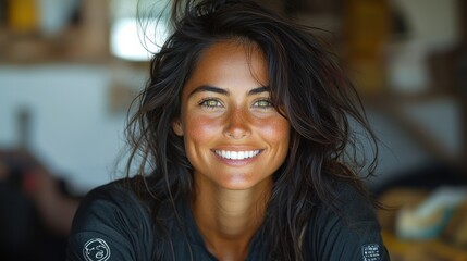 Smiling young woman with long hair sitting indoors, enjoying a bright moment in a cozy, warm environment