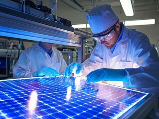 solar energy researchers testing new photovoltaic cells in a laboratory