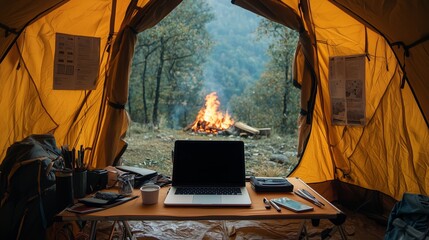 Wall Mural - Cozy Workspace Inside a Tent with Laptop and Fire