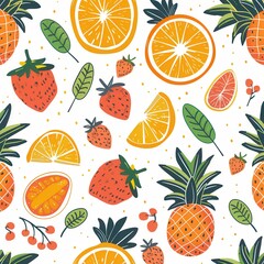 Aufkleber - This vibrant design showcases a lively assortment of oranges, strawberries, and pineapples against a bright white backdrop. Generative AI