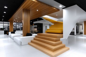 Poster - Abstract minimalist depiction of a communal lounge with simple lines representing furniture and lighting, capturing the social and communal space provided in modern apartments, symbolizing connection
