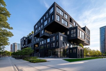Poster - Geometric design of a modern apartment building, with clean, sharp lines representing the simplicity of contemporary architecture, symbolizing the balance of form and function