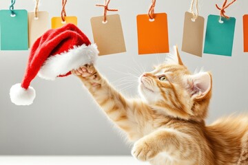 a festive feline a playful yellow cat in a santa hat reaches for holiday cheer , generative ai