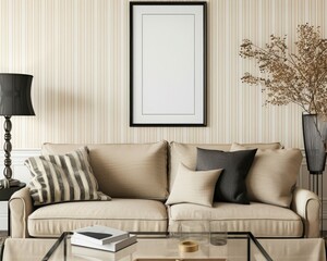 A beige sofa with black and white pillows sits in front of a black framed empty picture on a wall with beige striped wallpaper A coffee table with a book sits in front of the sofa