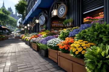 Poster - Hyper-realistic scene of a flower market in full bloom, with detailed petals, bright colors, and the scent of fresh flowers filling the air, symbolizing the vivid beauty of nature on display