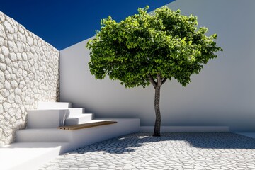 Poster - Minimalist depiction of a park bench under a tree in a quiet neighborhood, with clean, open spaces and simple forms, symbolizing serenity and space in urban design