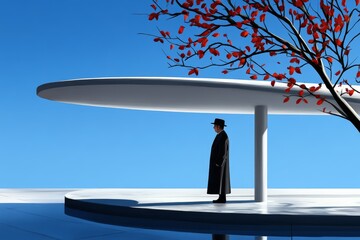 Poster - Minimalist depiction of a person standing at a bus stop, with clean lines representing the simplicity of public commuting, symbolizing patience and routine, showcasing calm and structure