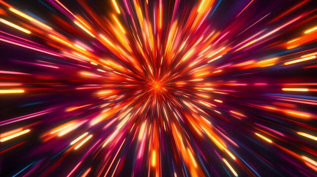 Colorful neon explosion. Radiating rays of orange and red from a central point. Abstract shapes resembling fireworks. Horizontal element for festive party, seminar talks, social media post