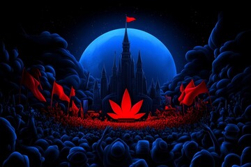 Poster - Minimalist design of a parade scene with simple geometric shapes representing floats, flags, and crowds, capturing the essence of global celebrations in a sleek, modern style, symbolizing simplicity