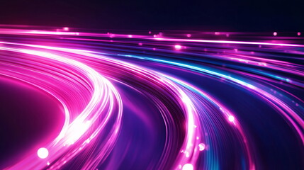 Poster - Curved laser light trails. Fast-moving pink and purple neon stripes creating a futuristic energy effect. Glowing speed background. Horizontal template color gradient, retro vibe shine bright light