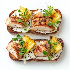 Poster - Delicious grilled chicken on bread with fresh pineapple. This dish features a colorful presentation and vibrant ingredients. Perfect for a healthy meal or snack. AI