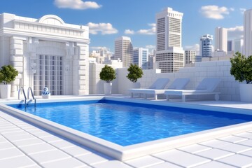 Aufkleber - Simple geometric design of a luxury swimming pool on a rooftop, with minimal lines representing the pool, lounge chairs, and city skyline, capturing the essence of luxury and relaxation in a