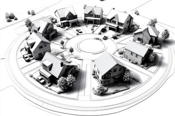 Poster - Simple geometric illustration of a cul-de-sac with houses forming a circle, capturing the symmetry and structure of suburban design, representing the organization of community layouts
