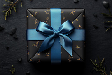 A beautifully wrapped black gift with a blue ribbon and gold accents, resting on a dark surface surrounded by natural elements