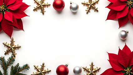 Aufkleber - Poinsettia and Christmas decorations arranged around a frame on a white background with space for text in a top view flat lay setup.