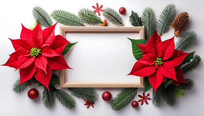 Aufkleber - Poinsettia and Christmas decorations arranged around a frame on a white background with_1(508)