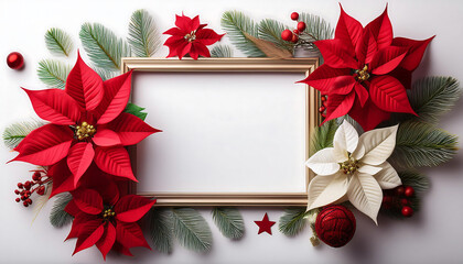 Aufkleber - Poinsettia and Christmas decorations arranged around a frame on a white background with spa_1(507)