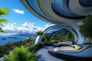 Aufkleber - 3D digital illustration of a luxurious rooftop garden with vibrant plants, sleek seating, and a futuristic city skyline in the background, capturing the blend of nature and technology in a modern