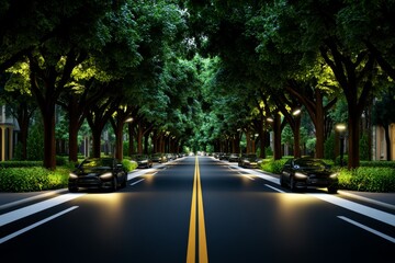 Poster - 3D rendering of a quiet suburban street with trees lining the road, houses on either side, and soft evening light filtering through, symbolizing the warmth and peace of neighborhood life