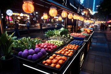 Poster - 3D rendering of a traditional street market with intricate details of stalls, people browsing, and dynamic lighting effects capturing the lively atmosphere, showing the artistic interpretation