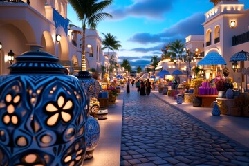 Poster - 3D rendering of a traditional street market with intricate details of stalls, people browsing, and dynamic lighting effects capturing the lively atmosphere, showing the artistic interpretation