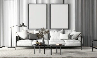 Modern living room interior with a white sofa. two black framed posters. two coffee tables and a floor lamp