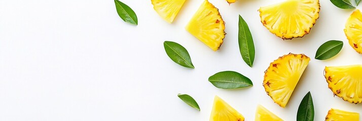 Freshly sliced ripe pineapples showcasing vibrant yellow pieces against a clean white background