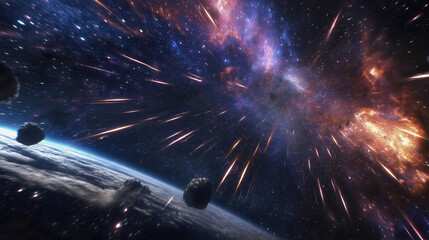 Wall Mural - a large meteor shower occurring in space above numerous planets, featuring countless comets travelin