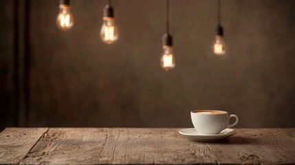 Leinwandbilder - A white coffee cup sits on a saucer on a worn wooden table. Warm light bulbs hang above, creating a cozy atmosphere that invites relaxation and enjoyment of a hot drink.