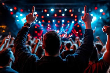 Poster - A futuristic holographic concert with a band performing in a digital space, holographic visuals surrounding the crowd, and people enjoying the show in augmented reality, symbolizing the future