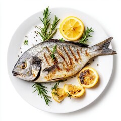 Poster - Grilled fish served on a white plate. Lemon and herbs add freshness. Ideal for healthy meal ideas. Perfect for food photography or recipe inspiration. Bright and appetizing presentation. AI