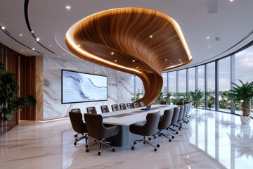 Aufkleber - A modern, tech-equipped conference room in a residential building, with sleek furniture, a large screen for presentations, and residents discussing projects, showcasing the business amenities