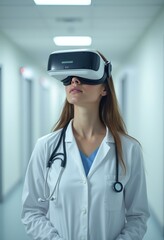 Wall Mural - female doctor using vr headset in hospital corridor, future of medicine concept.