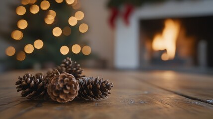 Poster - A close-up of pine cones resting on a wooden table. In the blurred background, a Christmas tree is lit with twinkling lights and a fireplace glows with a warm fire.