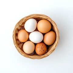 Wall Mural - A beautiful collection of eggs in a woven basket. The various shades of brown and white create an inviting display. Perfect for culinary themes or rustic decor. AI