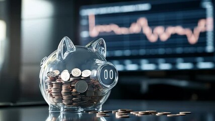 Poster - A transparent piggy bank filled with coins sits on a desk beside a financial trend graph displaying market fluctuations