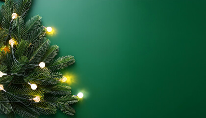 Aufkleber - Lights are arranged around Christmas tree on a green background with flat lay space availab_1(466)