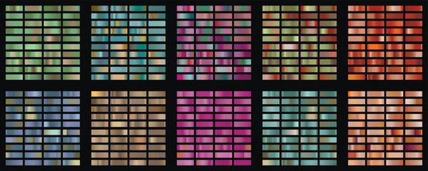 Metallic gradient collection with shiny color hologram. Holographic foil texture, chrome metal gradation. Vector set for frame, ribbon, border, cover, banner, other design