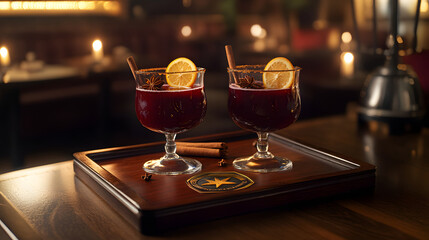 Two stylish cocktails with cinnamon and lemon slices served on a wooden tray in a cozy restaurant setting.