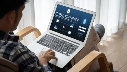 Poster - cyber security system on computer screen protect private information snugly from hacker and cyber at