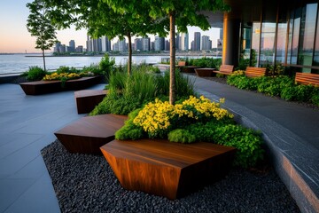 Poster - Minimalist design of a rooftop garden with clean geometric planters, simple seating, and soft lighting, capturing the tranquil, eco-friendly amenity space in a modern urban residence, symbolizing