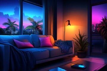 Aufkleber - Minimalist illustration of a cozy apartment with light furniture and large windows, representing the beauty of space and light in modern urban design